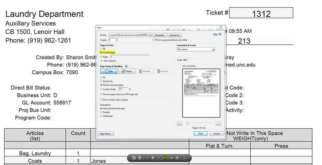 Print dialog for printing a saved ticket