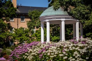 The Old Well on UNC Campus with spring flowers in the foreground