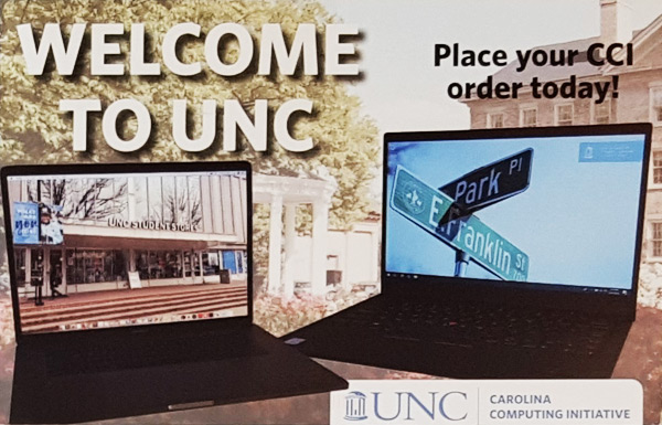 Example image of a postcard welcoming students back to campus and advertising the Campus Computing Initiative (CCI)