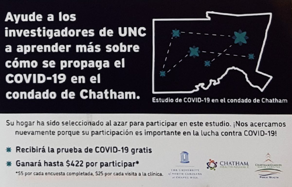 Example image of a Spanish language postcard advertising covid-19 studies taking place in Chatham county during 2020