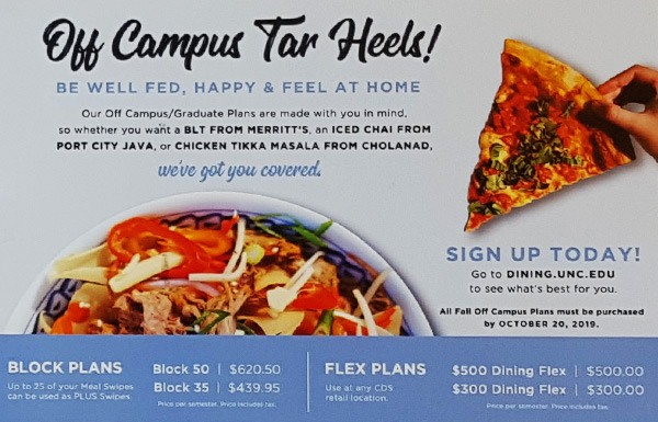 Example image of a postcard advertising off campus dining plans